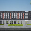 Modern Office Building With Gray Red Facade Large Windows And Front Landscaping 3d model