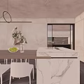 Modern Kitchen Interior With Sleek Bar Counter Marble Surface Dining Table Chairs And Pendant Light 3d model