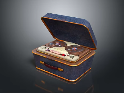 Vintage Computer Tape Storage Device With Blue Leather Case Open Lid And Control Buttons 3d model