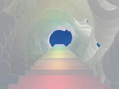 Activity Passage With Spiral White Walls And Colorful Gradient Staircase Leading To Blue Exit 3d model