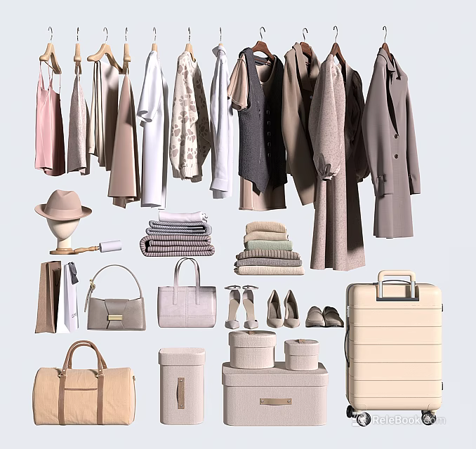 Hanging and Folded Clothes with Hats Bags Shoes Suitcase and Storage Boxes 3d model 