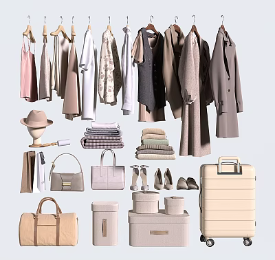 Hanging and Folded Clothes with Hats Bags Shoes Suitcase and Storage Boxes 3d model