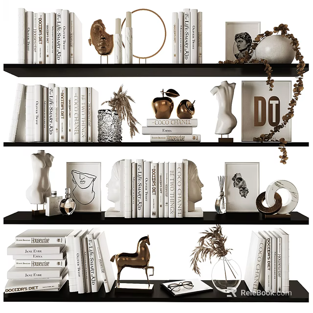 Decorative Ornament Set with Books Sculptures Vases Letter Decor and Horse Figurine on Shelves 3d model 
