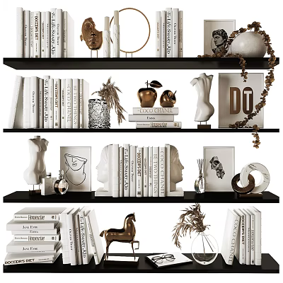 Decorative Ornament Set with Books Sculptures Vases Letter Decor and Horse Figurine on Shelves 3d model