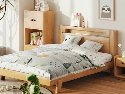 Wooden Kids Bed with Animal Leaf Print Bedding Wooden Nightstand Storage Cabinet and Wall Art 3d model