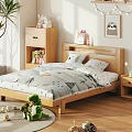 Wooden Kids Bed with Animal Leaf Print Bedding Wooden Nightstand Storage Cabinet and Wall Art
