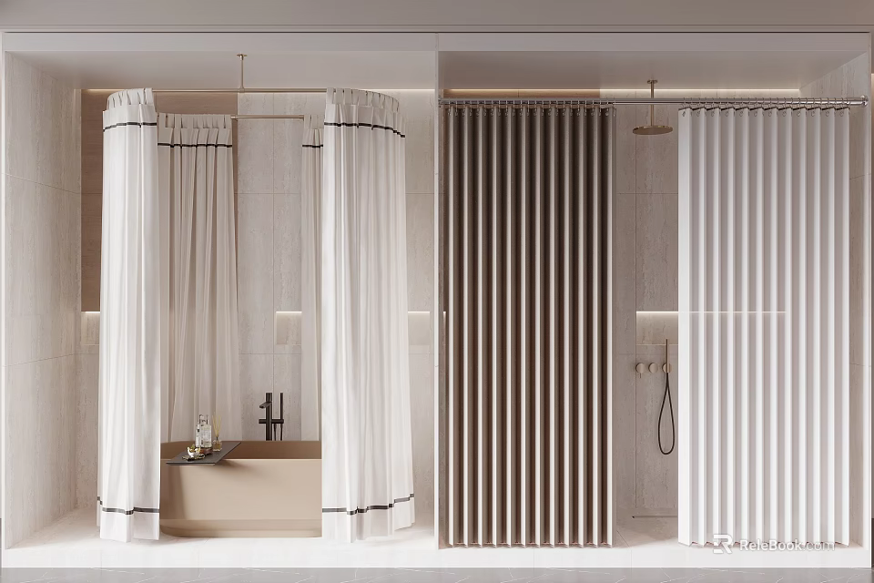 Modern Bathroom Interior Featuring White Shower Curtains With Black Trim And Vertical Blinds 3d model 