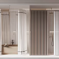Modern Bathroom Interior Featuring White Shower Curtains With Black Trim And Vertical Blinds