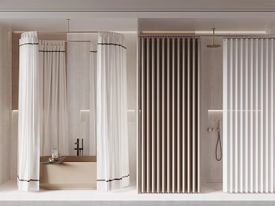 Modern Bathroom Interior Featuring White Shower Curtains With Black Trim And Vertical Blinds 3d model