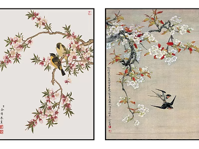 Chinese Traditional Botanical Paintings Featuring Blossoming Branches And Birds 3d model