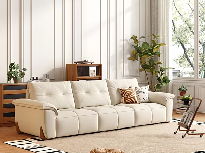 White Multi Seat Sofa With Decorative Pillows Green Plants And Wooden Floor 3d model
