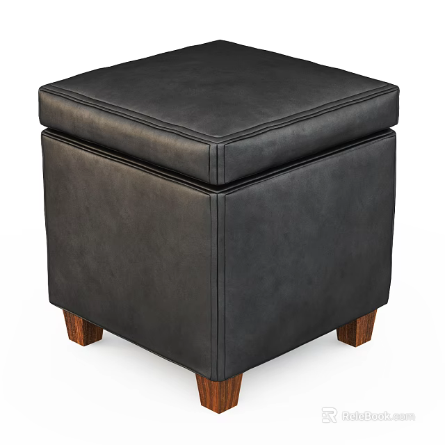 Modern Stylish Black Leather Ottoman With Square Design And Wooden Legs 3d model 