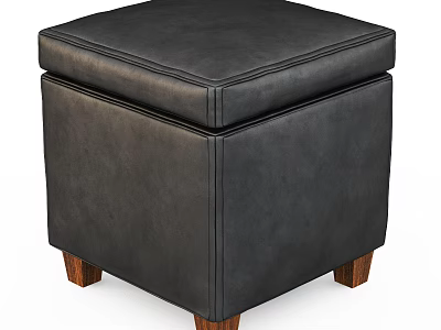 Modern Stylish Black Leather Ottoman With Square Design And Wooden Legs 3d model