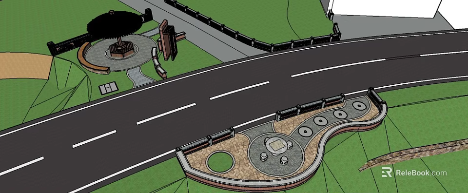 Scenic Garden Landscape Design With Curved Road Circular Paving And Stone Seats 3d model 