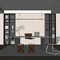 Study Desk and Chair Combination Bookcase Green Plant Hanging Painting Stool Computer Decoration End View Desk 3d model