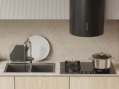 Modern Kitchen Interior Design With Black Range Hood Gas Stove And Appliances 3d model