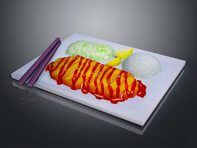 Crispy Fried Chicken With Red Sauce On White Plate Served With Rice And Vegetables 3d model