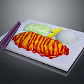 Crispy Fried Chicken With Red Sauce On White Plate Served With Rice And Vegetables