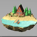 Red Small House on Floating Island Surrounded by Green Trees Blue Water and Wooden Bridge