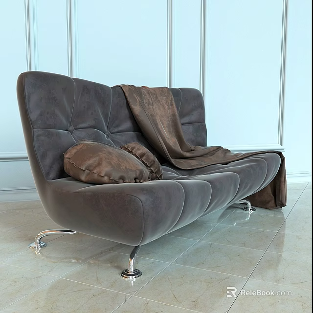 Gray Leather Sectional Sofa With Brown Blanket Pillow And Metal Legs In Light Room 3d model 