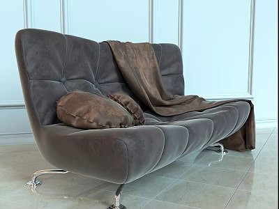 Gray Leather Sectional Sofa With Brown Blanket Pillow And Metal Legs In Light Room 3d model