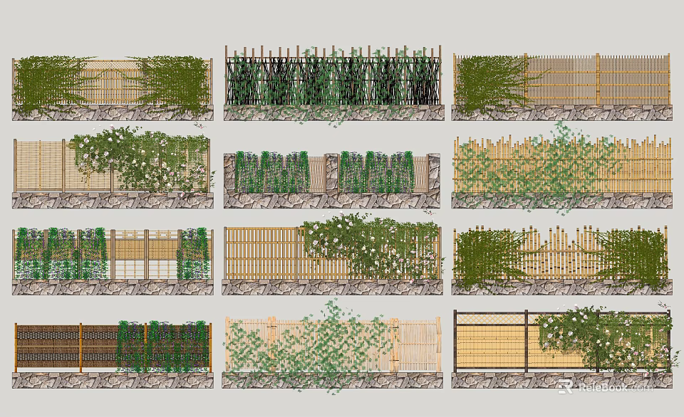 Different Styles of Garden Fences With Bamboo Wooden Designs And Climbing Plants 3d model 