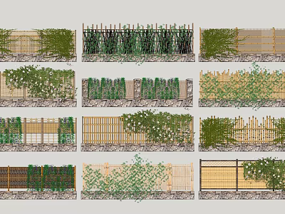 Different Styles of Garden Fences With Bamboo Wooden Designs And Climbing Plants 3d model