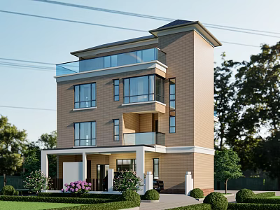 Modern Three Story Detached Villa With Large Windows Balcony And Green Garden 3d model
