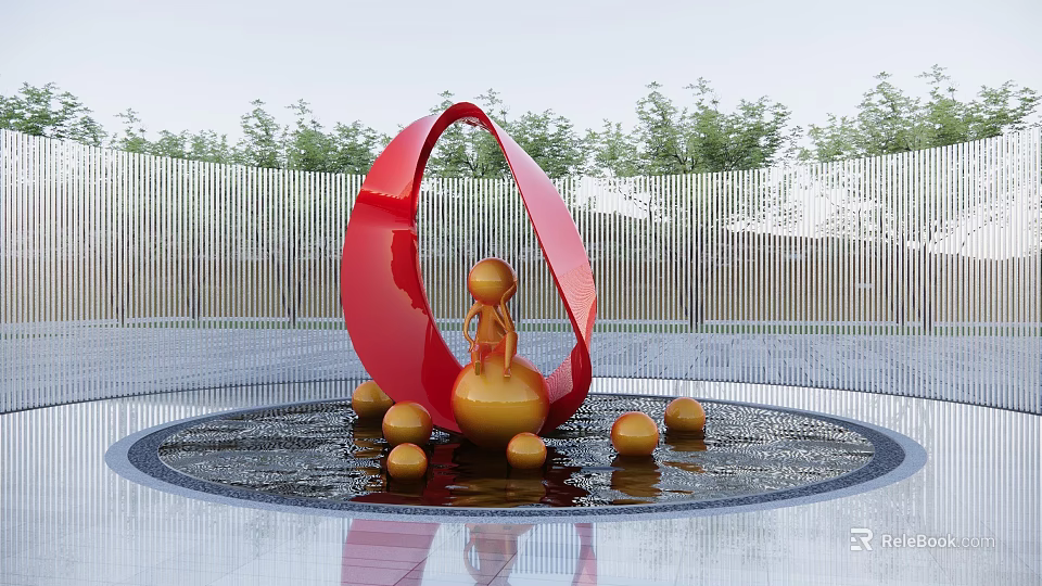 Red Arc Sculpture Featuring Golden Human Figure and Spheres in Circular Water Pool with Trees 3d model 