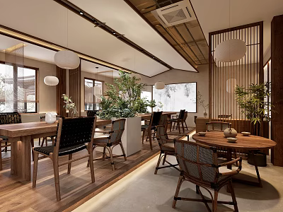Modern Restaurant Interior Design With Wooden Dining Tables Green Plants And Pendant Lights 3d model