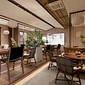 Modern Restaurant Interior Design With Wooden Dining Tables Green Plants And Pendant Lights