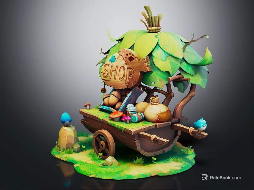 Cartoon Scene Of A Shop Cart With Leaf Roof Clay Pots Small Decorations Green Grass 3d model 