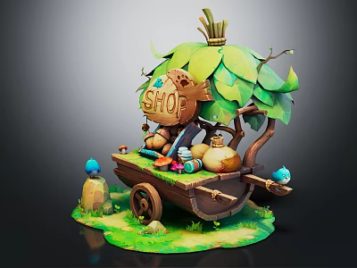 Cartoon Scene Of A Shop Cart With Leaf Roof Clay Pots Small Decorations Green Grass 3d model