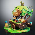 Cartoon Scene Of A Shop Cart With Leaf Roof Clay Pots Small Decorations Green Grass
