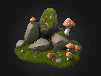Natural Scene With Green Moss Covered Stones And Orange Mushrooms 3d model