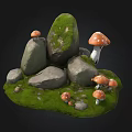 Natural Scene With Green Moss Covered Stones And Orange Mushrooms