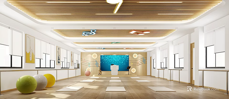 Modern Fitness Yoga Studio With Wooden Floor Mirrors Yoga Mats And Blue Screen 3d model 