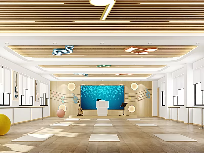 Modern Fitness Yoga Studio With Wooden Floor Mirrors Yoga Mats And Blue Screen 3d model