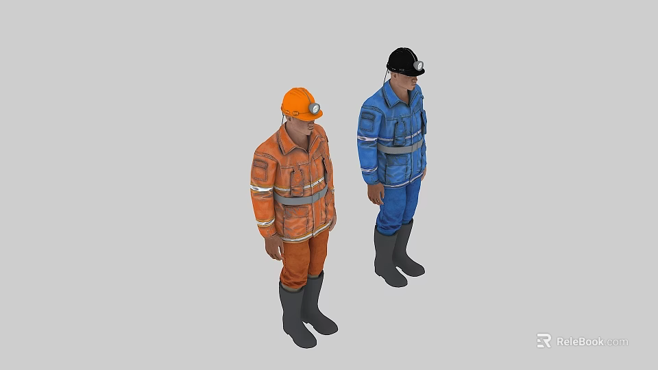 Game Movie Characters In Orange And Blue Work Uniforms With Safety Helmets And Reflective Stripes 3d model 