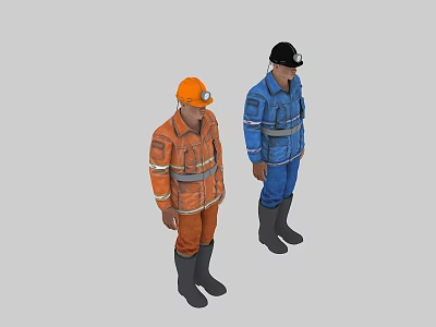 Game Movie Characters In Orange And Blue Work Uniforms With Safety Helmets And Reflective Stripes 3d model