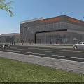 Modern Office Building With Glass Curtain Walls Company Signage And Roadside Greenery