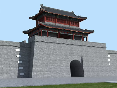 Ancient City Gate Tower Featuring Gray Brick Walls Red Wooden Structure And Black Tiled Roof 3d model