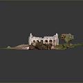 Scenic Landscape Featuring Ancient Stone Ruins Arched Structures Green Grass Surrounding Trees And Rocky Terrain