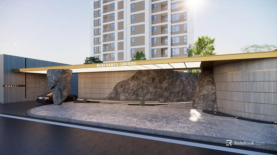 Modern High Rise Building Facade Featuring Stone Cladding Shading Canopy And Greenery Elements 3d model