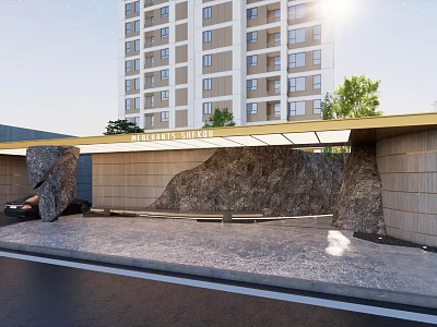 Modern High Rise Building Facade Featuring Stone Cladding Shading Canopy And Greenery Elements 3d model