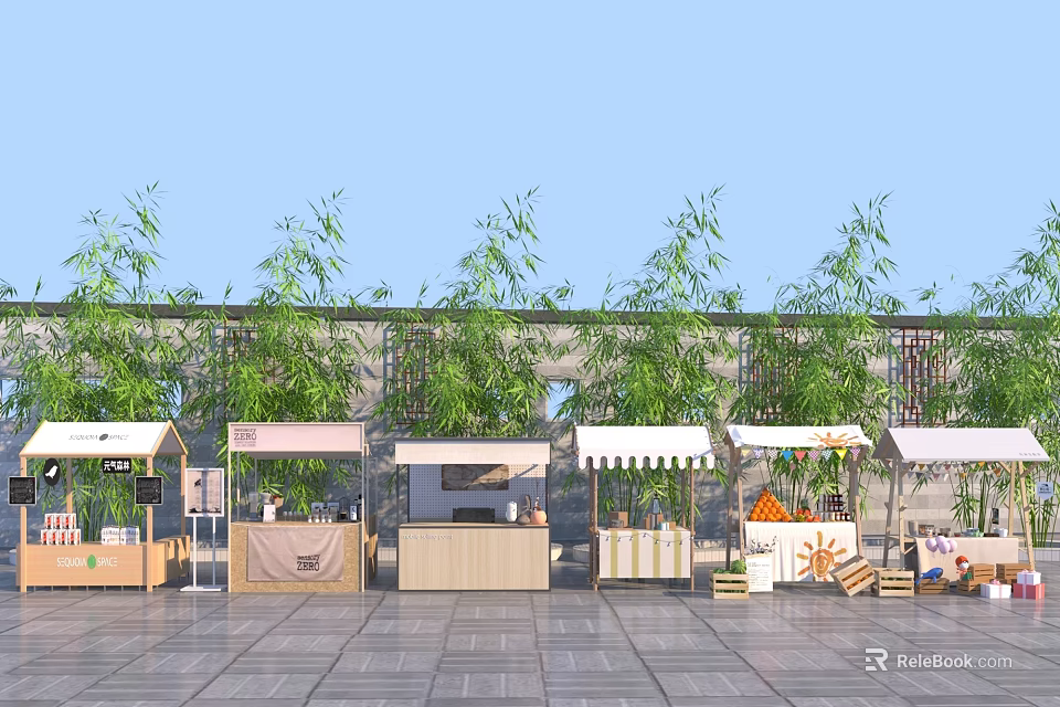 Modern Commercial Equipment For Outdoor Stalls With Canopy Awnings And Green Plants 3d model 