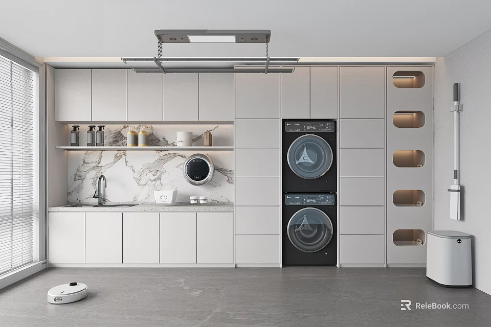 Modern Home Balcony With White Cabinets Black Double Washing Machines And Clothes Rail 3d model 