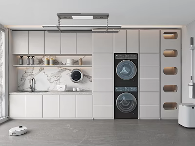 Modern Home Balcony With White Cabinets Black Double Washing Machines And Clothes Rail 3d model