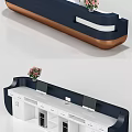 Modern Reception Desk With Dark Blue And Copper Finish White Ornaments And Pink Flowers