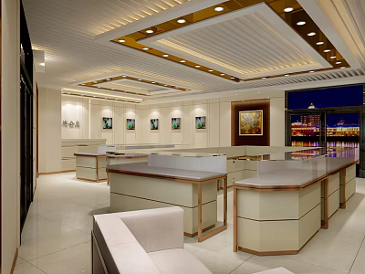Luxurious Jewelry Store Interior With Elegant Display Counters And Ceiling Lighting 3d model